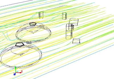 Flow in the vicinity of the coal domes (CFD stream-lines)