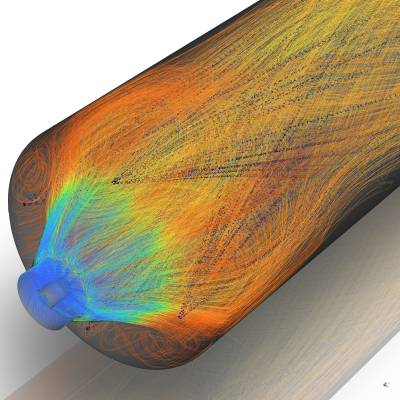 Gas temperature stream-lines and sulfuric acid spray in the combustion chamber